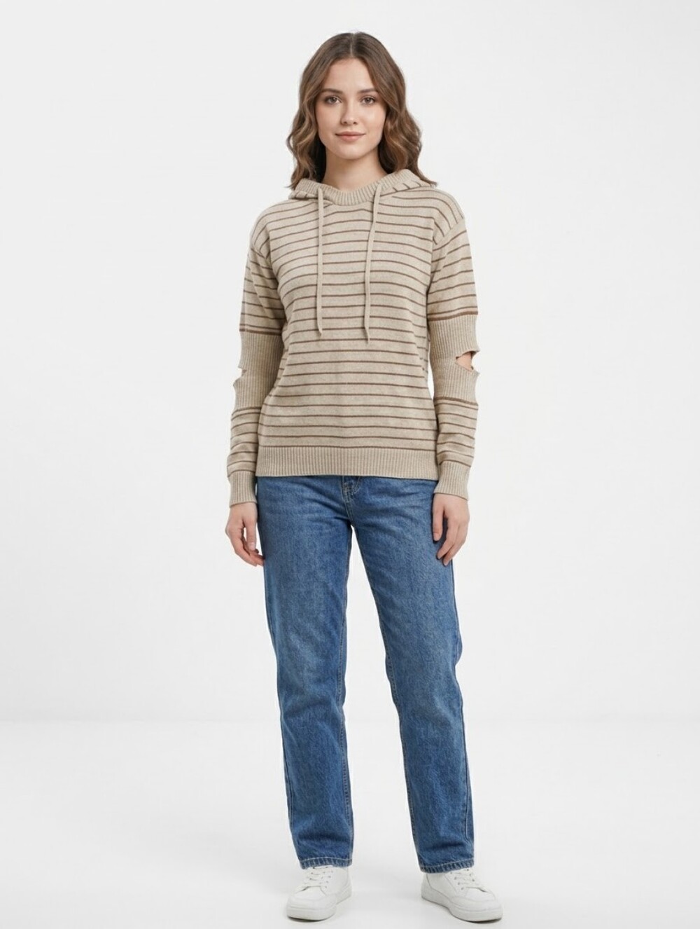 Striped Knit Hooded Sweater Wool Blend Elbow Cutout Drawstring Hoodie Beige Tan